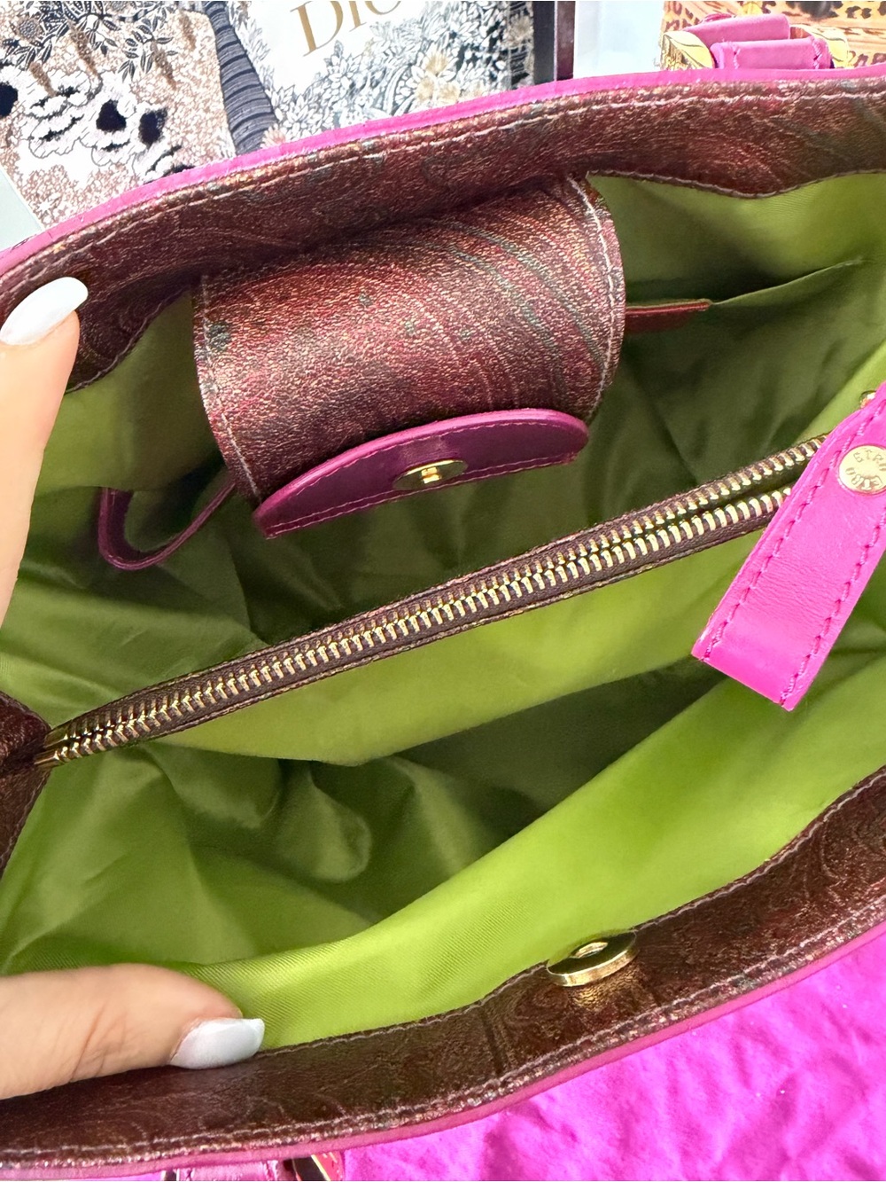 ETRO Paisley Leather Tote Bag Made in Italy Pink Green Dust Bag - Picture 8 of 11
